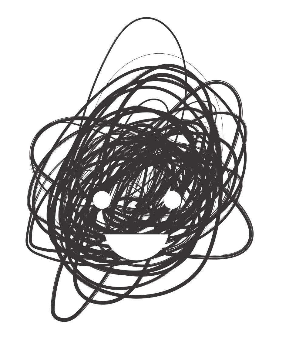 A scribbled circle with many lines overlapping to fill it, on top two white circles and a semi circle shape forming a smiley face.